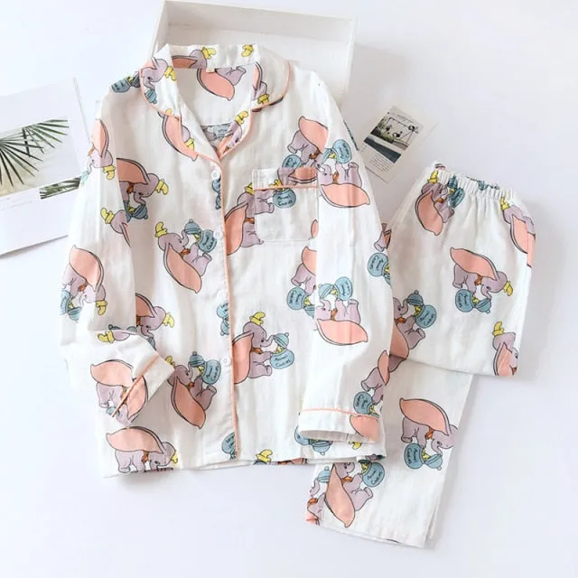 VenusFox Fresh pajamas sets women 100% gauze cotton Japanese summer long sleeve casual sleepwear women simple cute bear pyjamas