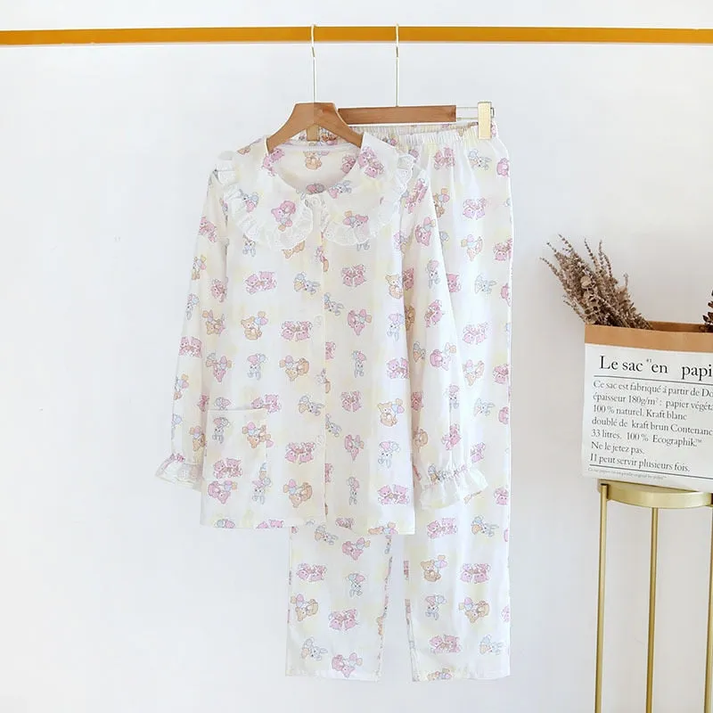 VenusFox Fresh pajamas sets women 100% gauze cotton Japanese summer long sleeve casual sleepwear women simple cute bear pyjamas