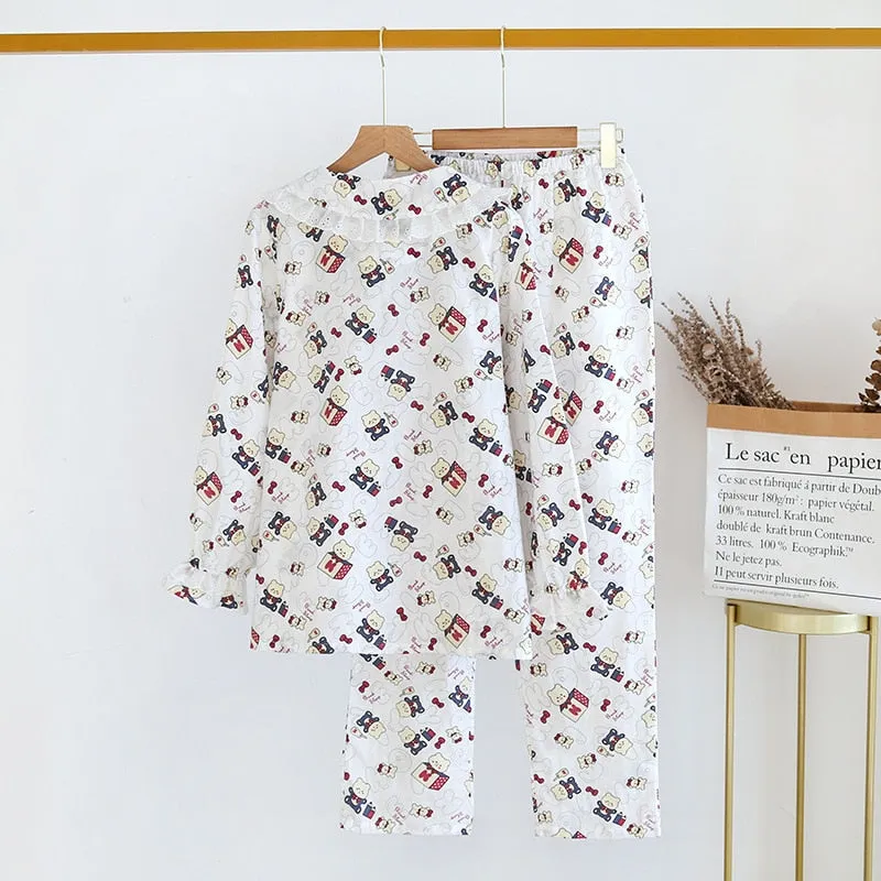 VenusFox Fresh pajamas sets women 100% gauze cotton Japanese summer long sleeve casual sleepwear women simple cute bear pyjamas