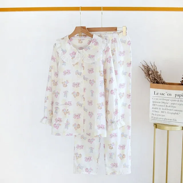 VenusFox Fresh pajamas sets women 100% gauze cotton Japanese summer long sleeve casual sleepwear women simple cute bear pyjamas