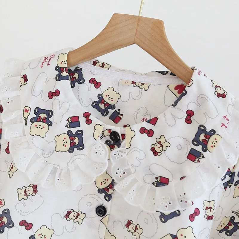 VenusFox Fresh pajamas sets women 100% gauze cotton Japanese summer long sleeve casual sleepwear women simple cute bear pyjamas