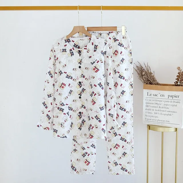 VenusFox Fresh pajamas sets women 100% gauze cotton Japanese summer long sleeve casual sleepwear women simple cute bear pyjamas