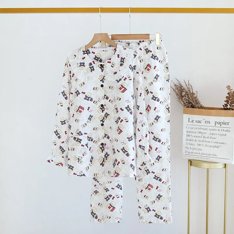 VenusFox Fresh pajamas sets women 100% gauze cotton Japanese summer long sleeve casual sleepwear women simple cute bear pyjamas