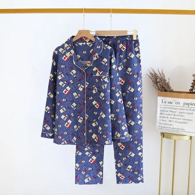 VenusFox Fresh pajamas sets women 100% gauze cotton Japanese summer long sleeve casual sleepwear women simple cute bear pyjamas