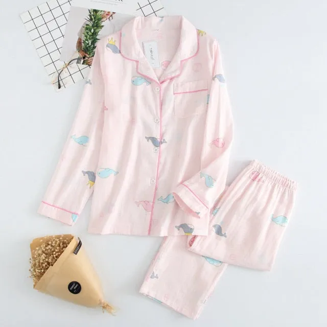 VenusFox Fresh pajamas sets women 100% gauze cotton Japanese summer long sleeve casual sleepwear women simple cute bear pyjamas
