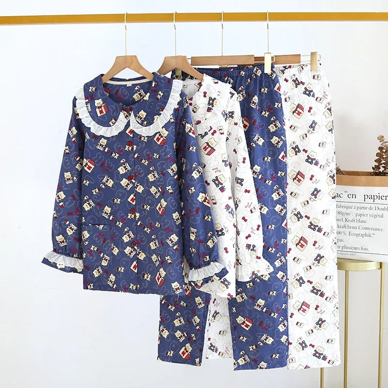 VenusFox Fresh pajamas sets women 100% gauze cotton Japanese summer long sleeve casual sleepwear women simple cute bear pyjamas