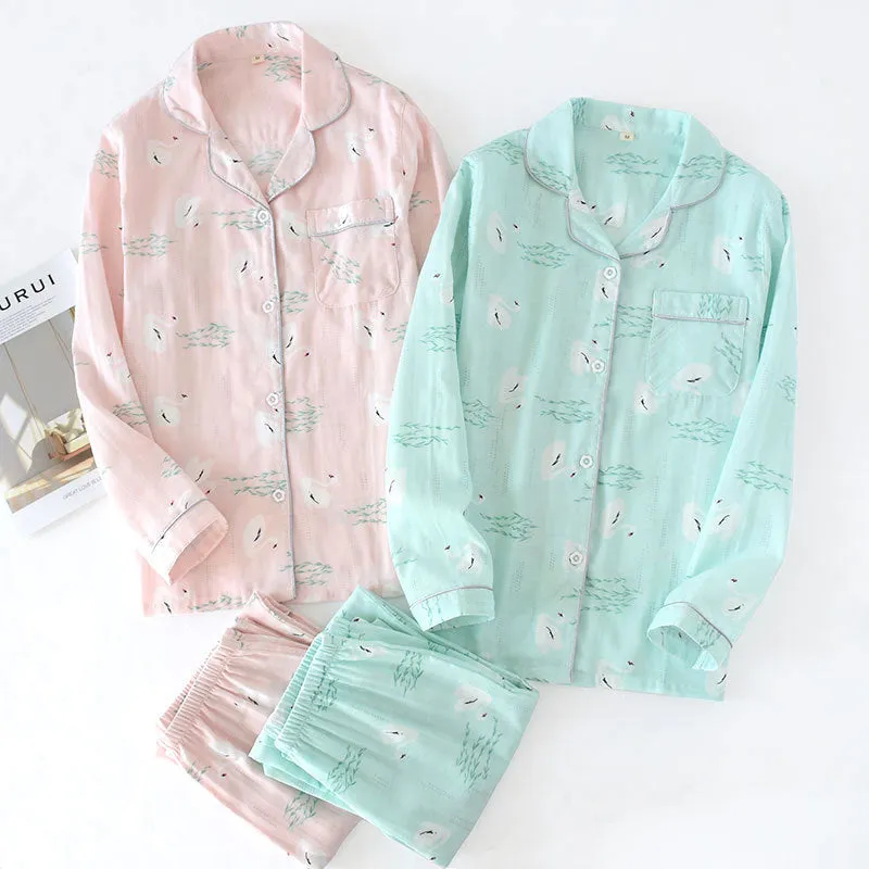 VenusFox Fresh pajamas sets women 100% gauze cotton Japanese summer long sleeve casual sleepwear women simple cute bear pyjamas
