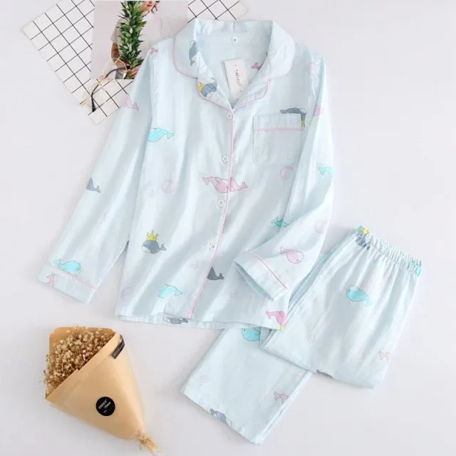 VenusFox Fresh pajamas sets women 100% gauze cotton Japanese summer long sleeve casual sleepwear women simple cute bear pyjamas