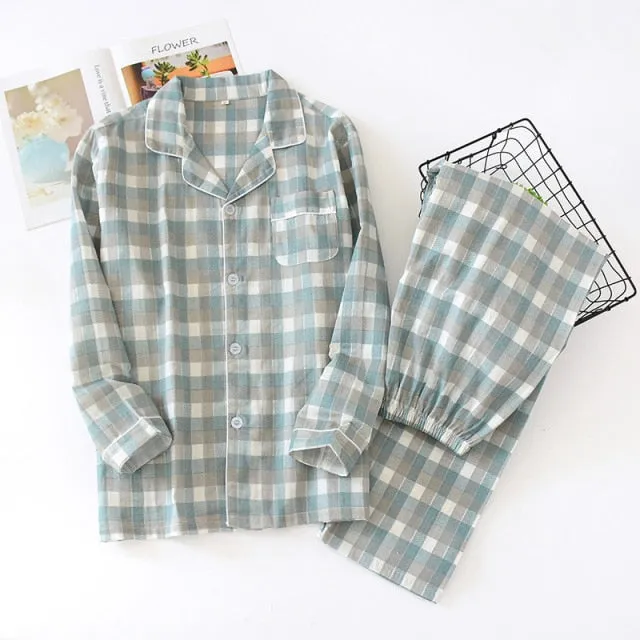 VenusFox Fresh pajamas sets women 100% gauze cotton Japanese summer long sleeve casual sleepwear women simple cute bear pyjamas