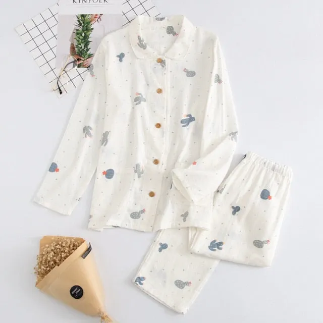 VenusFox Fresh pajamas sets women 100% gauze cotton Japanese summer long sleeve casual sleepwear women simple cute bear pyjamas