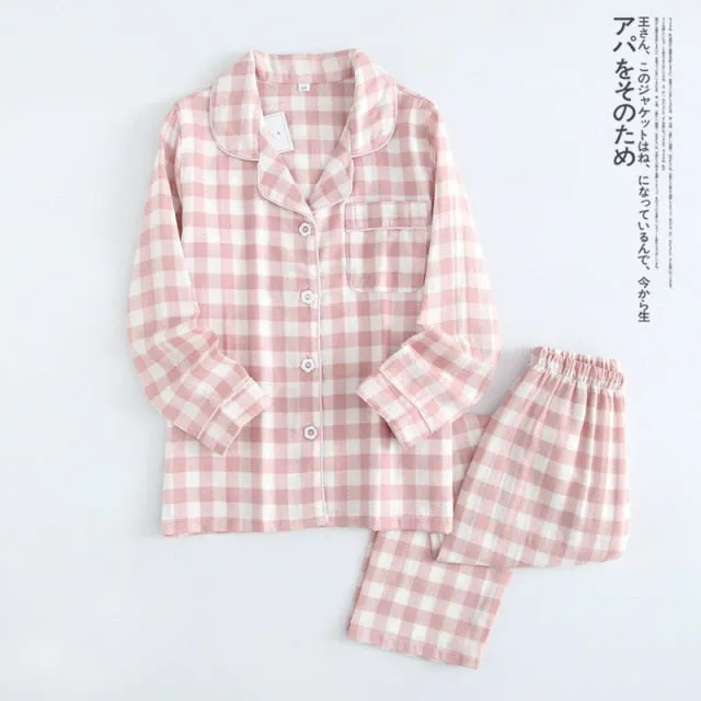 VenusFox Fresh pajamas sets women 100% gauze cotton Japanese summer long sleeve casual sleepwear women simple cute bear pyjamas