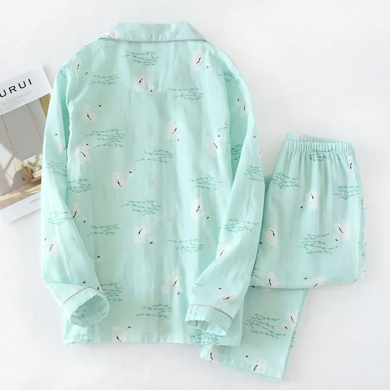 VenusFox Fresh pajamas sets women 100% gauze cotton Japanese summer long sleeve casual sleepwear women simple cute bear pyjamas