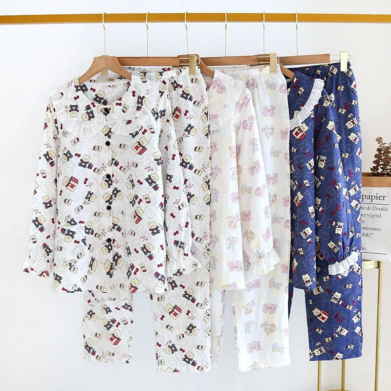 VenusFox Fresh pajamas sets women 100% gauze cotton Japanese summer long sleeve casual sleepwear women simple cute bear pyjamas