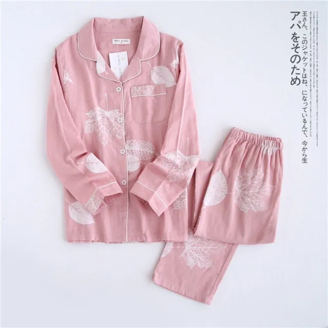 VenusFox Fresh pajamas sets women 100% gauze cotton Japanese summer long sleeve casual sleepwear women simple cute bear pyjamas