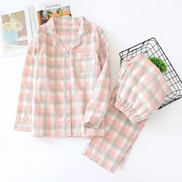 VenusFox Fresh pajamas sets women 100% gauze cotton Japanese summer long sleeve casual sleepwear women simple cute bear pyjamas