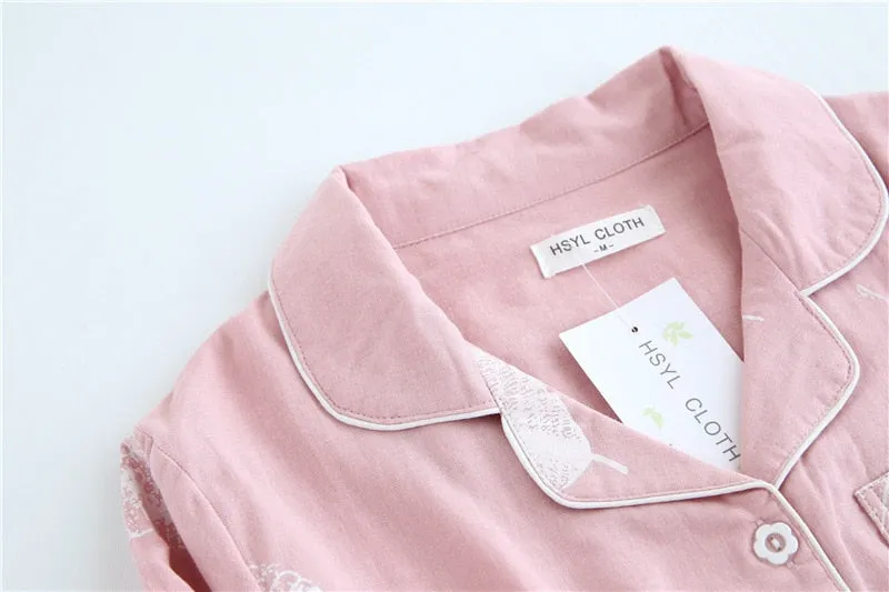 VenusFox Fresh pajamas sets women 100% gauze cotton Japanese summer long sleeve casual sleepwear women simple cute bear pyjamas