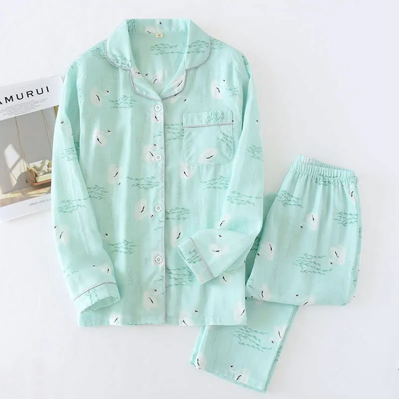 VenusFox Fresh pajamas sets women 100% gauze cotton Japanese summer long sleeve casual sleepwear women simple cute bear pyjamas