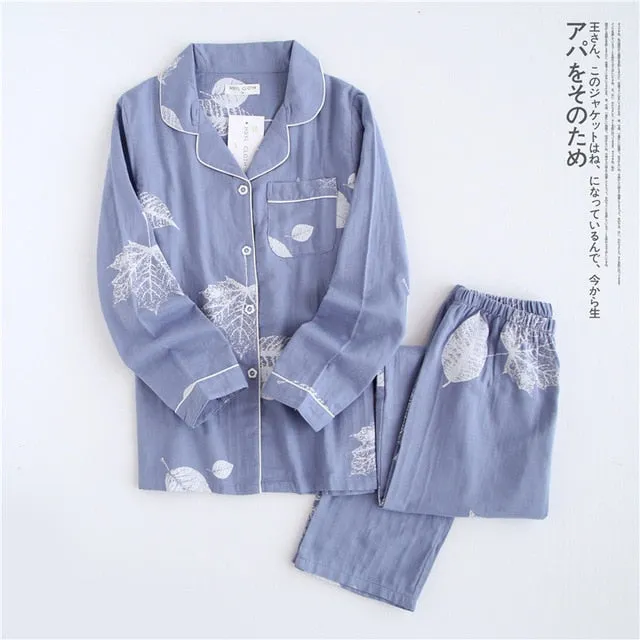 VenusFox Fresh pajamas sets women 100% gauze cotton Japanese summer long sleeve casual sleepwear women simple cute bear pyjamas