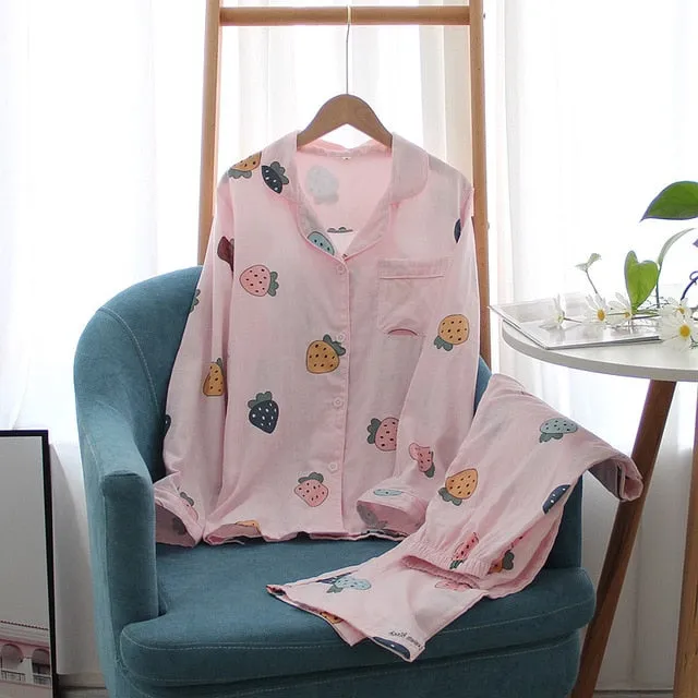 VenusFox Fresh pajamas sets women 100% gauze cotton Japanese summer long sleeve casual sleepwear women simple cute bear pyjamas