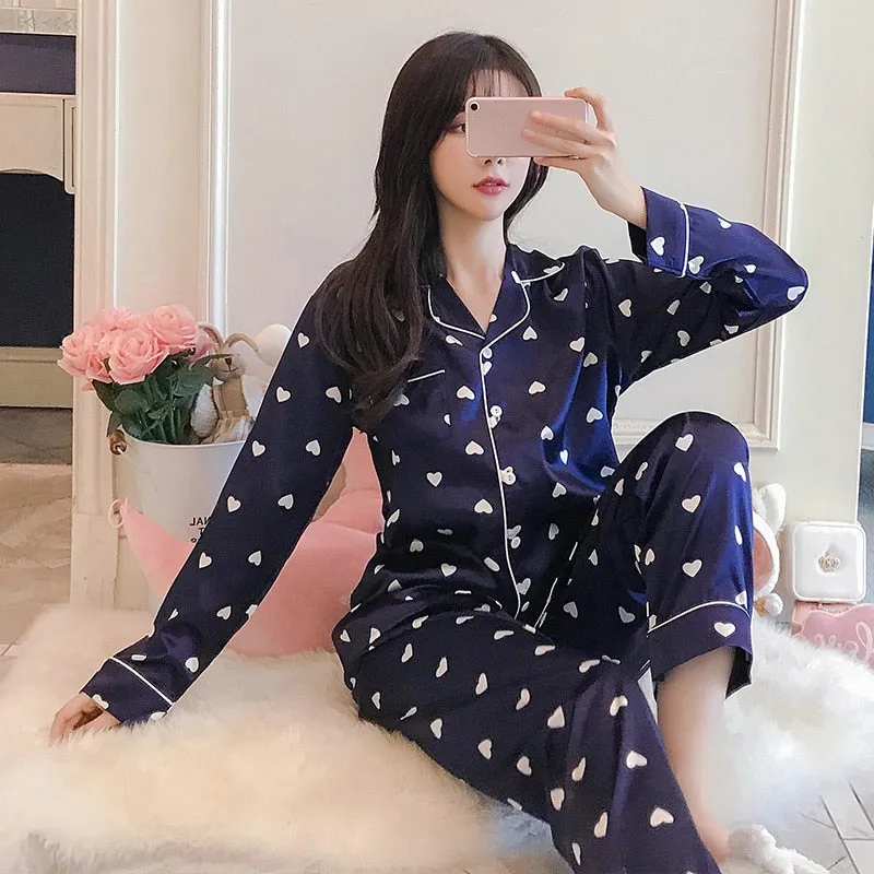VenusFox Oversize M-5XL Womens Long Sleeve Trousers Pyjamas Silk Satin Pajamas Sets Sleepwear Nightgown Suit Robe Bath Gown Sleepshirts