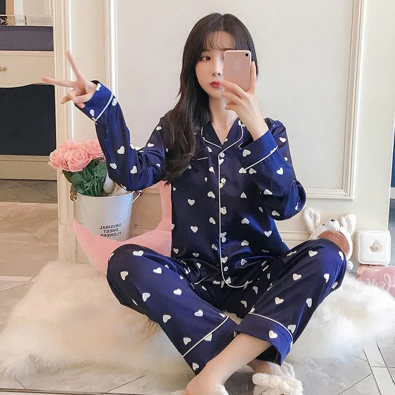 VenusFox Oversize M-5XL Womens Long Sleeve Trousers Pyjamas Silk Satin Pajamas Sets Sleepwear Nightgown Suit Robe Bath Gown Sleepshirts