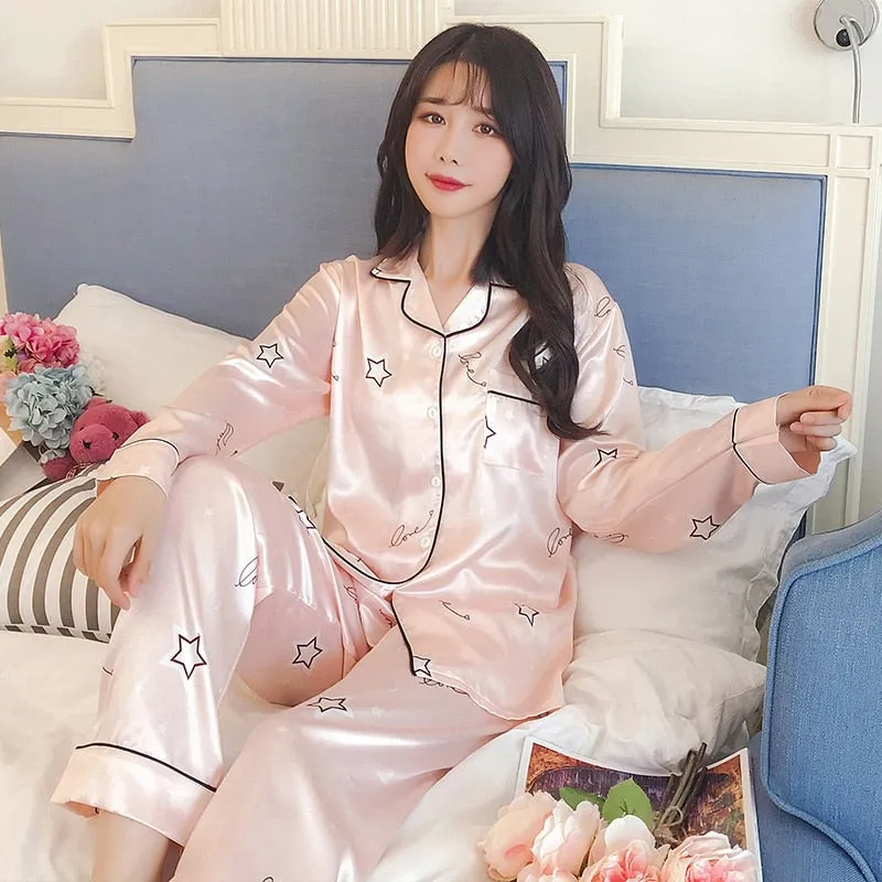 VenusFox Oversize M-5XL Womens Long Sleeve Trousers Pyjamas Silk Satin Pajamas Sets Sleepwear Nightgown Suit Robe Bath Gown Sleepshirts