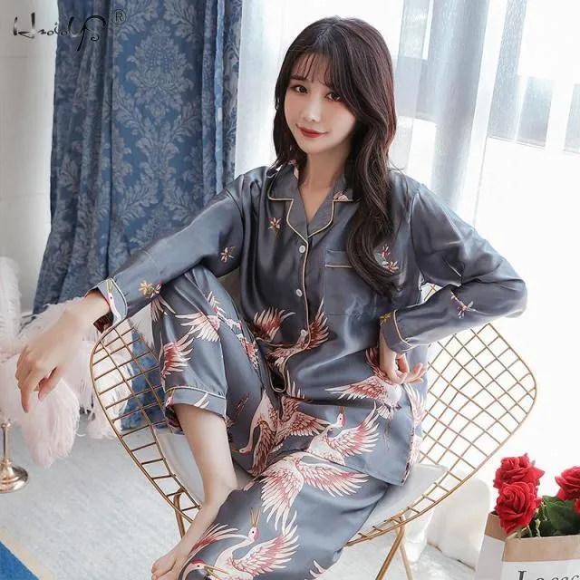 VenusFox Oversize M-5XL Womens Long Sleeve Trousers Pyjamas Silk Satin Pajamas Sets Sleepwear Nightgown Suit Robe Bath Gown Sleepshirts