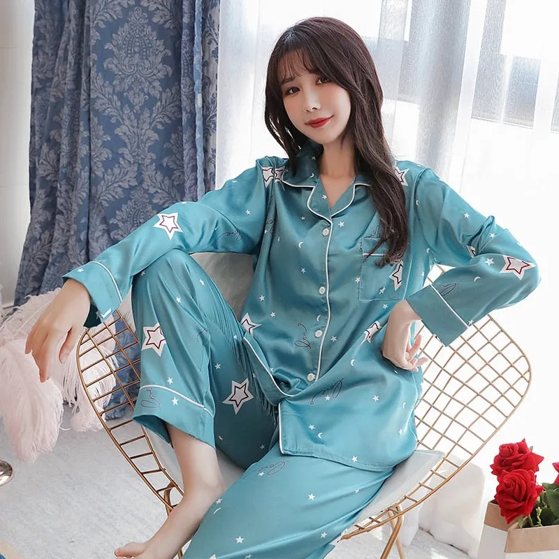 VenusFox Oversize M-5XL Womens Long Sleeve Trousers Pyjamas Silk Satin Pajamas Sets Sleepwear Nightgown Suit Robe Bath Gown Sleepshirts