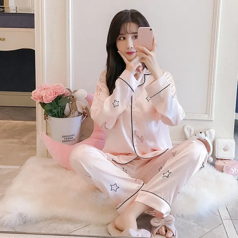 VenusFox Oversize M-5XL Womens Long Sleeve Trousers Pyjamas Silk Satin Pajamas Sets Sleepwear Nightgown Suit Robe Bath Gown Sleepshirts