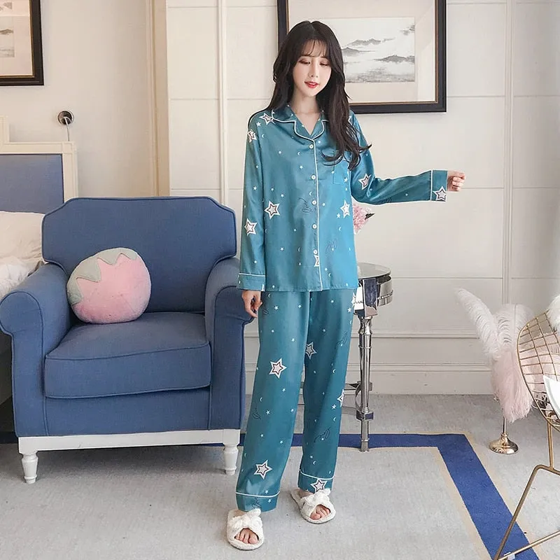 VenusFox Oversize M-5XL Womens Long Sleeve Trousers Pyjamas Silk Satin Pajamas Sets Sleepwear Nightgown Suit Robe Bath Gown Sleepshirts