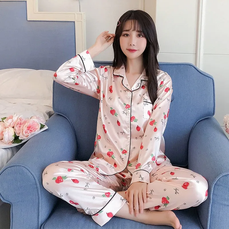 VenusFox Oversize M-5XL Womens Long Sleeve Trousers Pyjamas Silk Satin Pajamas Sets Sleepwear Nightgown Suit Robe Bath Gown Sleepshirts