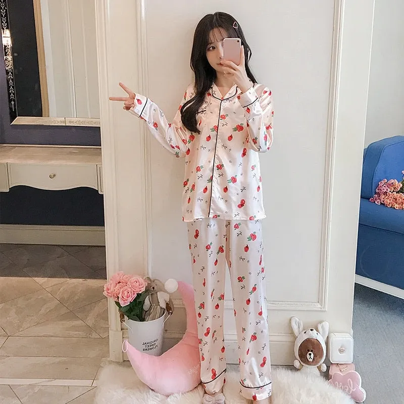 VenusFox Oversize M-5XL Womens Long Sleeve Trousers Pyjamas Silk Satin Pajamas Sets Sleepwear Nightgown Suit Robe Bath Gown Sleepshirts