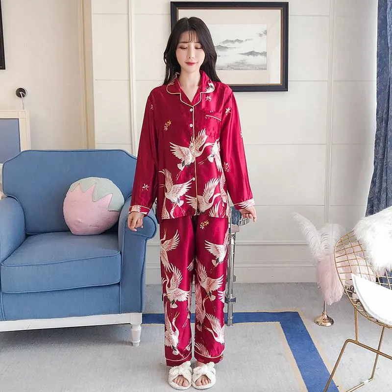 VenusFox Oversize M-5XL Womens Long Sleeve Trousers Pyjamas Silk Satin Pajamas Sets Sleepwear Nightgown Suit Robe Bath Gown Sleepshirts