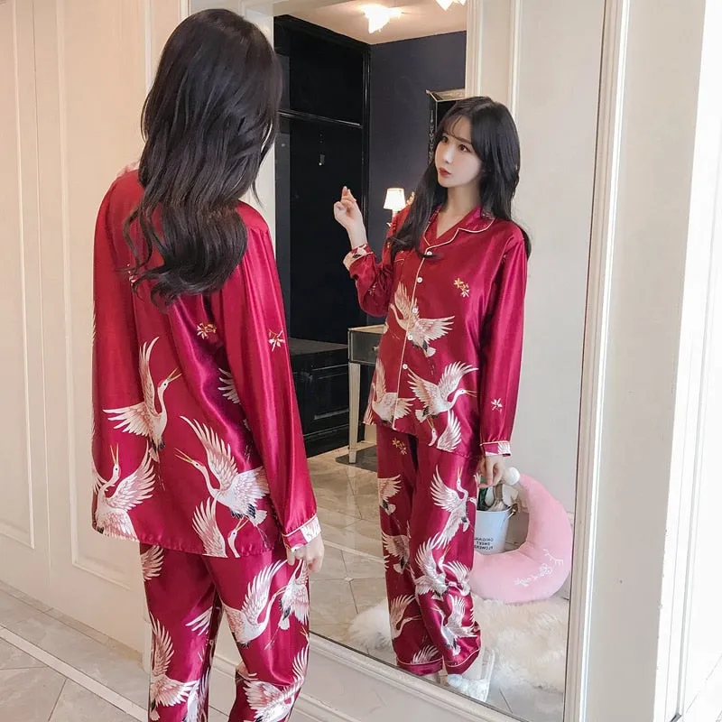 VenusFox Oversize M-5XL Womens Long Sleeve Trousers Pyjamas Silk Satin Pajamas Sets Sleepwear Nightgown Suit Robe Bath Gown Sleepshirts