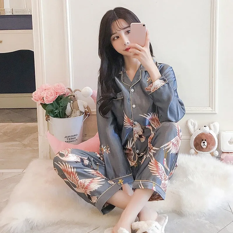 VenusFox Oversize M-5XL Womens Long Sleeve Trousers Pyjamas Silk Satin Pajamas Sets Sleepwear Nightgown Suit Robe Bath Gown Sleepshirts