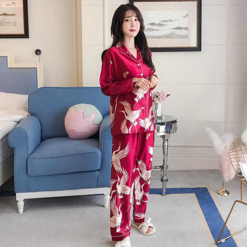 VenusFox Oversize M-5XL Womens Long Sleeve Trousers Pyjamas Silk Satin Pajamas Sets Sleepwear Nightgown Suit Robe Bath Gown Sleepshirts