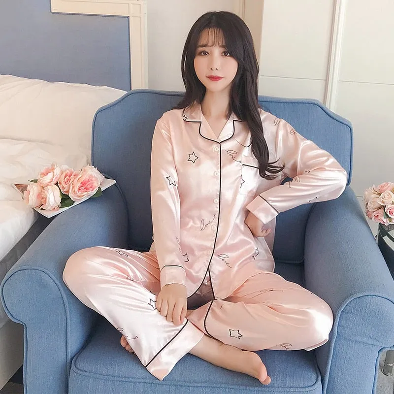 VenusFox Oversize M-5XL Womens Long Sleeve Trousers Pyjamas Silk Satin Pajamas Sets Sleepwear Nightgown Suit Robe Bath Gown Sleepshirts