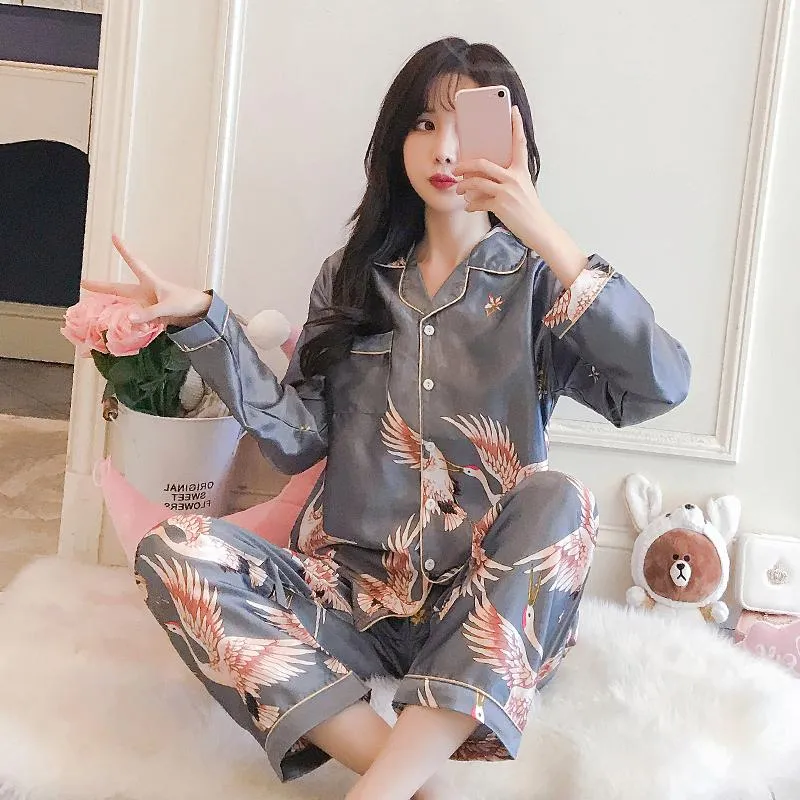 VenusFox Oversize M-5XL Womens Long Sleeve Trousers Pyjamas Silk Satin Pajamas Sets Sleepwear Nightgown Suit Robe Bath Gown Sleepshirts