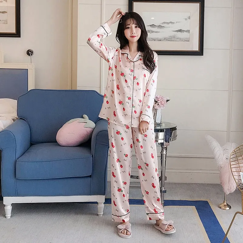 VenusFox Oversize M-5XL Womens Long Sleeve Trousers Pyjamas Silk Satin Pajamas Sets Sleepwear Nightgown Suit Robe Bath Gown Sleepshirts