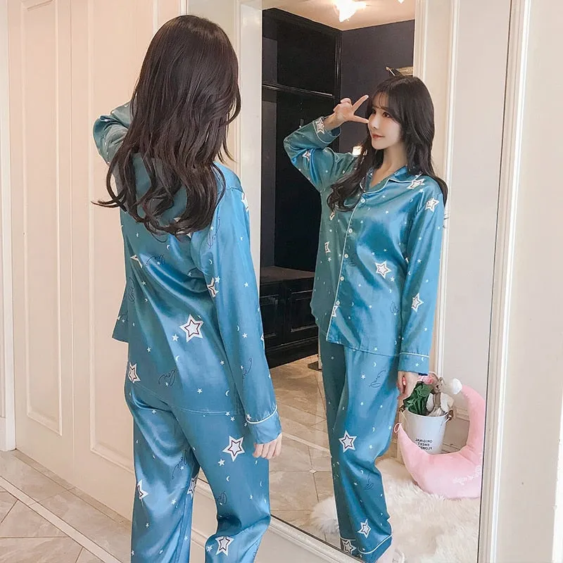VenusFox Oversize M-5XL Womens Long Sleeve Trousers Pyjamas Silk Satin Pajamas Sets Sleepwear Nightgown Suit Robe Bath Gown Sleepshirts