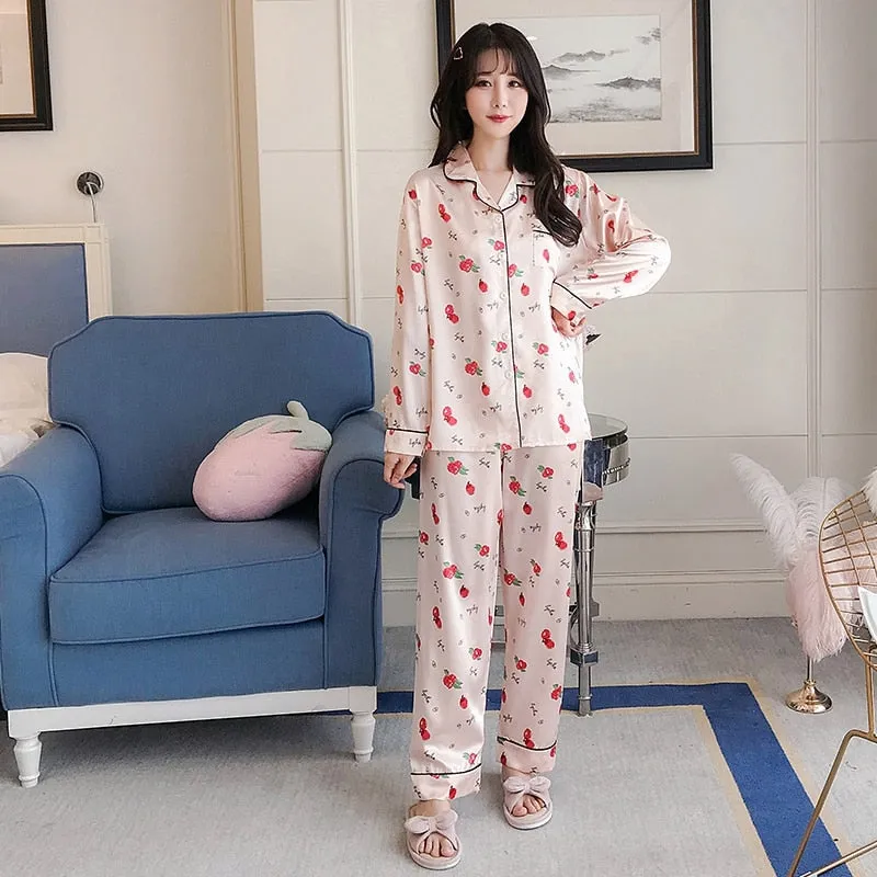 VenusFox Oversize M-5XL Womens Long Sleeve Trousers Pyjamas Silk Satin Pajamas Sets Sleepwear Nightgown Suit Robe Bath Gown Sleepshirts