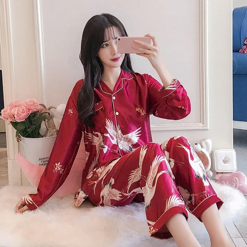 VenusFox Oversize M-5XL Womens Long Sleeve Trousers Pyjamas Silk Satin Pajamas Sets Sleepwear Nightgown Suit Robe Bath Gown Sleepshirts
