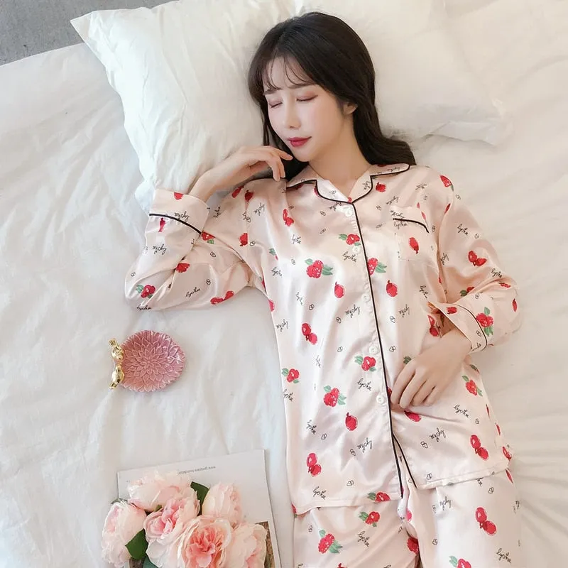 VenusFox Oversize M-5XL Womens Long Sleeve Trousers Pyjamas Silk Satin Pajamas Sets Sleepwear Nightgown Suit Robe Bath Gown Sleepshirts