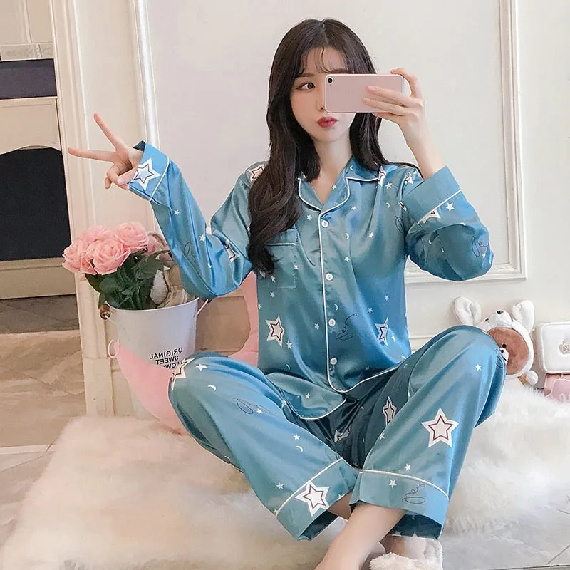 VenusFox Oversize M-5XL Womens Long Sleeve Trousers Pyjamas Silk Satin Pajamas Sets Sleepwear Nightgown Suit Robe Bath Gown Sleepshirts