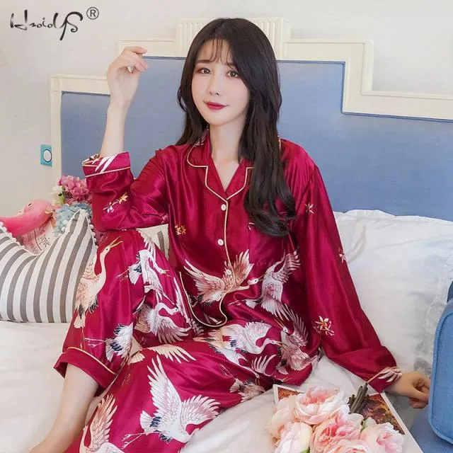 VenusFox Oversize M-5XL Womens Long Sleeve Trousers Pyjamas Silk Satin Pajamas Sets Sleepwear Nightgown Suit Robe Bath Gown Sleepshirts
