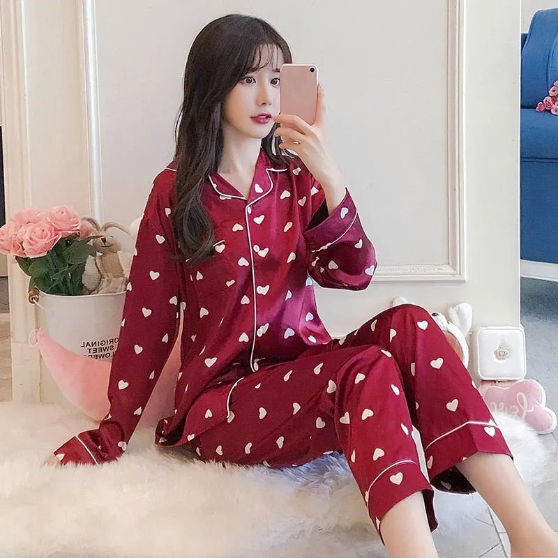 VenusFox Oversize M-5XL Womens Long Sleeve Trousers Pyjamas Silk Satin Pajamas Sets Sleepwear Nightgown Suit Robe Bath Gown Sleepshirts