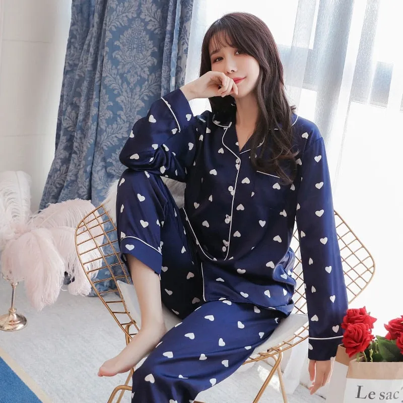VenusFox Oversize M-5XL Womens Long Sleeve Trousers Pyjamas Silk Satin Pajamas Sets Sleepwear Nightgown Suit Robe Bath Gown Sleepshirts