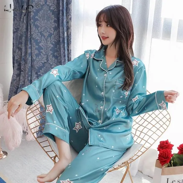 VenusFox Oversize M-5XL Womens Long Sleeve Trousers Pyjamas Silk Satin Pajamas Sets Sleepwear Nightgown Suit Robe Bath Gown Sleepshirts