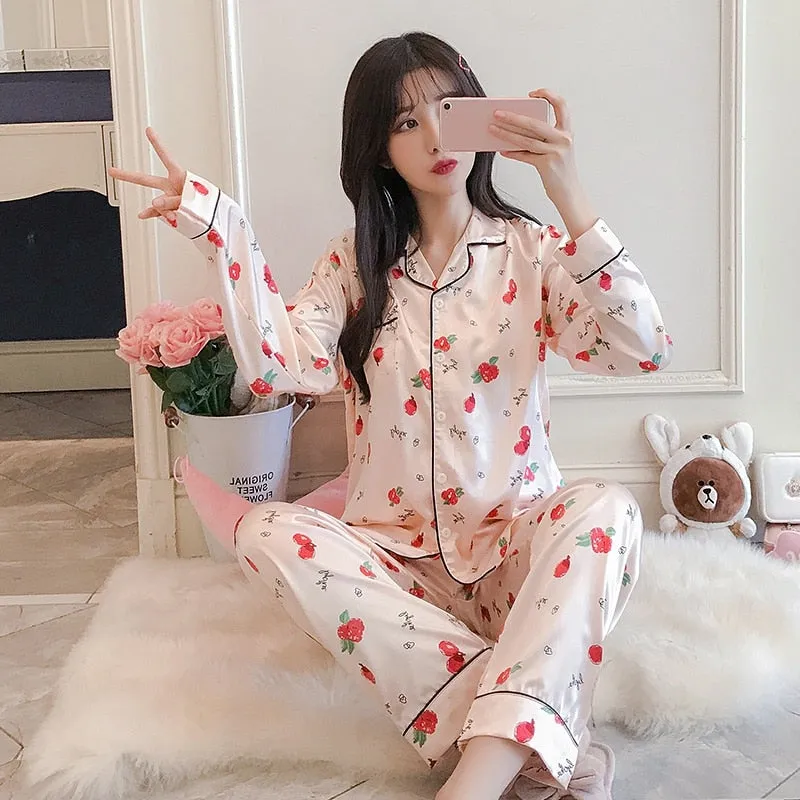 VenusFox Oversize M-5XL Womens Long Sleeve Trousers Pyjamas Silk Satin Pajamas Sets Sleepwear Nightgown Suit Robe Bath Gown Sleepshirts