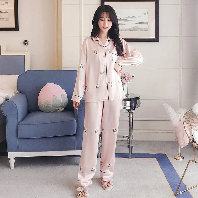 VenusFox Oversize M-5XL Womens Long Sleeve Trousers Pyjamas Silk Satin Pajamas Sets Sleepwear Nightgown Suit Robe Bath Gown Sleepshirts